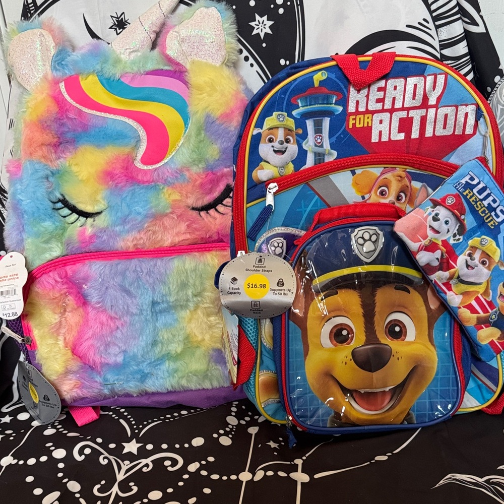 Unicorn Plush Rainbow Faux Fur Backpack - Multicolor & Paw Patrol w pencil pouch